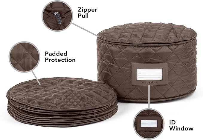 Covermates Keepsakes Dish Storage Case – Padded China & Dinnerware Organizer, Quilted Polyester Protection, ID Window, Zipper Closure, Machine Washable, Bronze