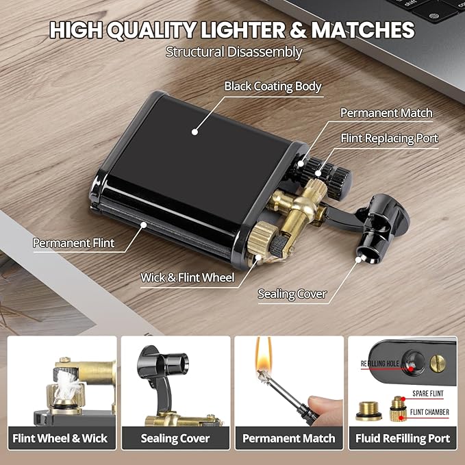 CHOICEDC Vintage Trench Lighter, Permanent Match, Cool Pipe Lighter, Unique Metal Lighters, Antique Kerosene Lighters Fluid Refillable, Reusable Waterproof Forever Matches, Classic Gift for Men,Black