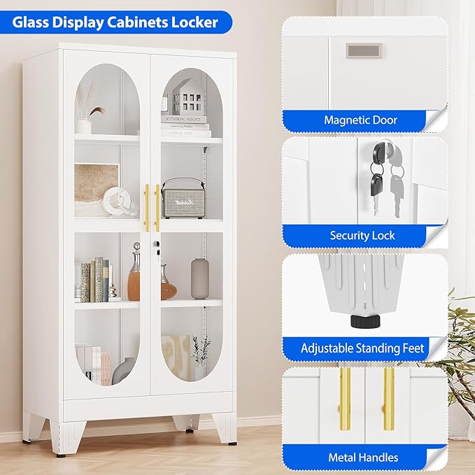 Ckzbx Glass Locker Metal Cabinets 61" H Locking Tool File Cabinets Snack Locker Organizer for School Classroom,Bedroom,Gym Home Office,Entryway and Hallwa (White)