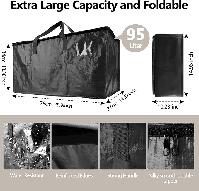 12 Pack Waterproof Moving Bags with Strong Zippers and Reinforced Handles, Real 100lb Capacity Extra Heavy Duty Large Storage Totes for Packing & Moving Storing, Alternative to Moving Boxes -95L,Black