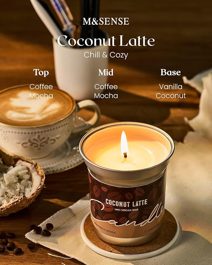 M&SENSE Coconut Latte Scented Candle, Soy Wax 7oz 42 Hours Long Lasting Clean Burn, Small Coffee Smelling Kitchen Candles for Home, Non-Toxic Relaxing Aromatherapy Gifts for Women