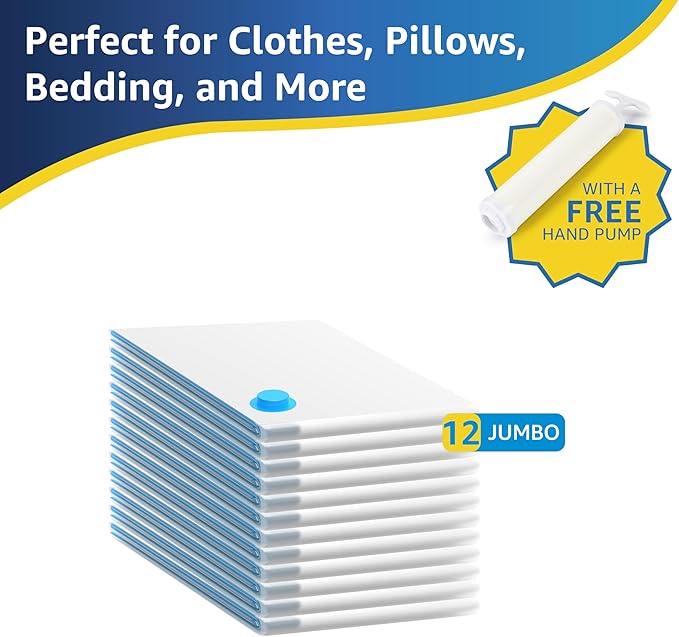 Simple Deluxe 12 Jumbo Vacuum Seal Bags with Hand Pump, Vacuum Storage Bags, Space Saver Bags for Comforters, Blankets, Bedding, Pillows, Clothes