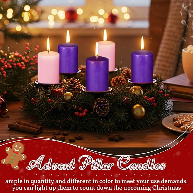 Amylove 8 Pcs 3 x 6 Inch Advent Pillar Candles Set Pink Purple Christmas Unscented Lasting Burning Church Candles for Advent Wreath Holiday Gifting