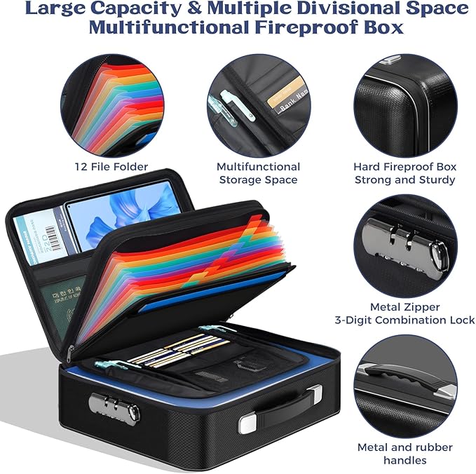 Fireproof Document Box with Lock, Safe Box for Important Documents, Fireproof & Water-Resistant Storage Organizer for Certificates, Passports, IDs