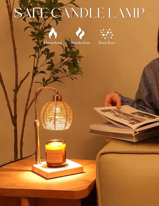 Candle Warmer Lamp with Timer Dimmable, Natural Weaving Boho Electric Candle Lamp, Wax Warmer Lamp for Mothers Day Gifts for Mom, House Warming Gifts New Home Decor