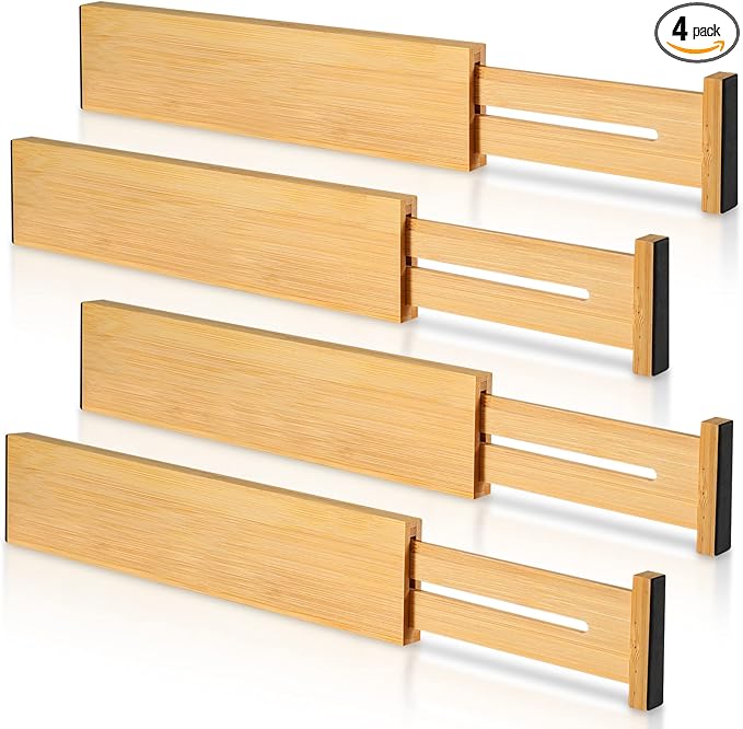 4 Pack Bamboo Drawer Dividers 2.6" High, Adjustable Length from 12 Inch to 17 Inch, Expandable Kitchen Drawer Organizer Separators for Clothes, Kitchen, Bedroom, Dresser, Office (Beige)
