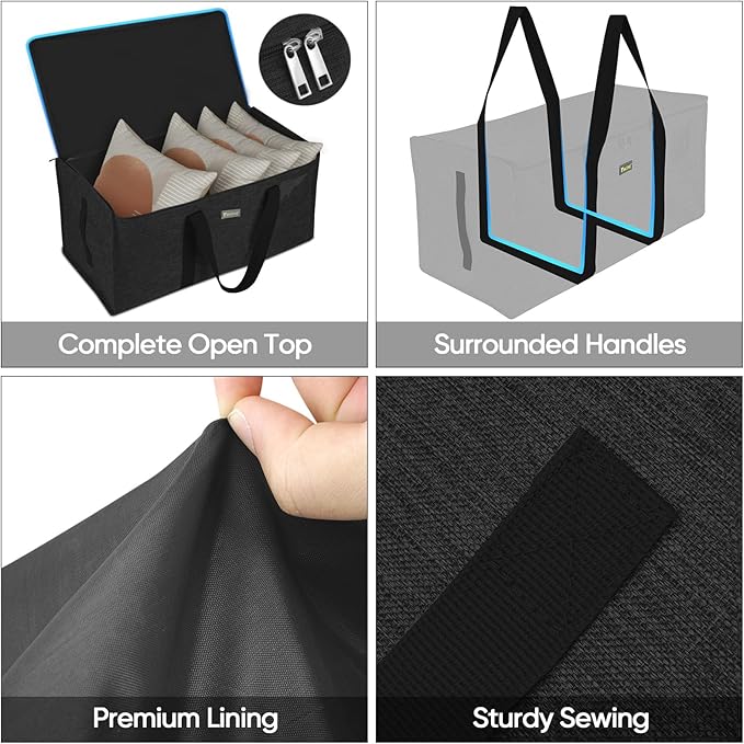BALEINE Extra Large Storage Tote with Zippers & Carrying Handles, Heavy-Duty Oxford Fabric Moving Bags for Laundry, Space Saving, Storage, Charcoal Black, 1-Pack