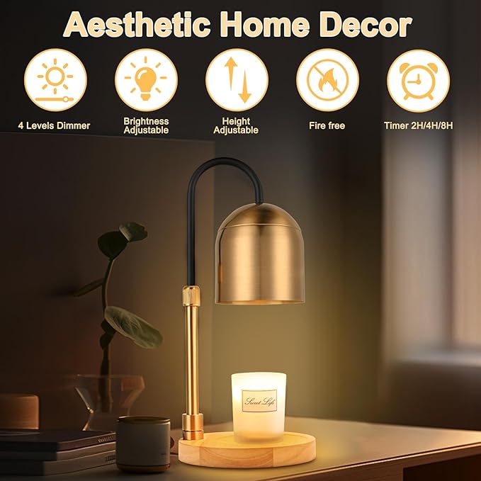 Candle Warmer Lamp with Timer & 3 Bulbs, Dimmable Electric Candlelight Adjustable Height and Brightness Candle Wax Warmer for Jar Candles Bedroom Home Decor House Warming Gift for Women (Round Gold)