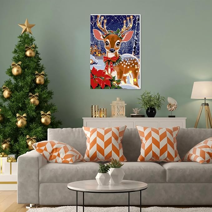 NAIMOER Christmas Deer Paint by Numbers Kits for Adults Beginner with Wooden Framed, Color by Numbers on Canvas Painting Kits for Adults, Easy Paint DIY Acrylic for Home Wall Decor 8X12 Inch