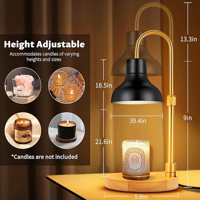 Candle Warmer Lamp Dimmable with Timer and 3 Bulbs, Adjustable Height & Brightness, Electric Candle Wax Warmer for Jar Candles, House Warming Gifts New Home Decor (Black)