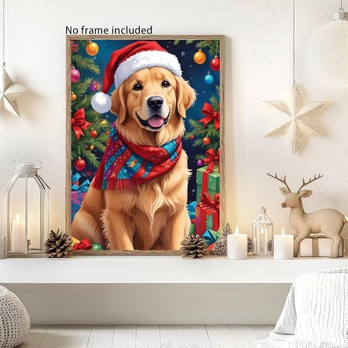 QZOTRXI 5D Dog Santa Hat Diamond Painting Kits for Adults, Full Drill Diamond Art Gift, DIY Christmas Dog Gem Pictures Paint Diamond Art Craft for Home Wall Decor 12x16 Inch