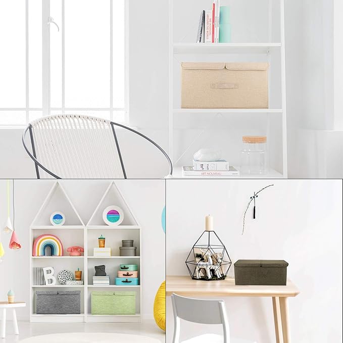 2 Pack Storage Boxes with Lids and Handles, Collapsible Linen Storage Bins Organizer Containers Baskets Cube with Removable Divider for Home Bedroom Closet Office (Grey, Small)