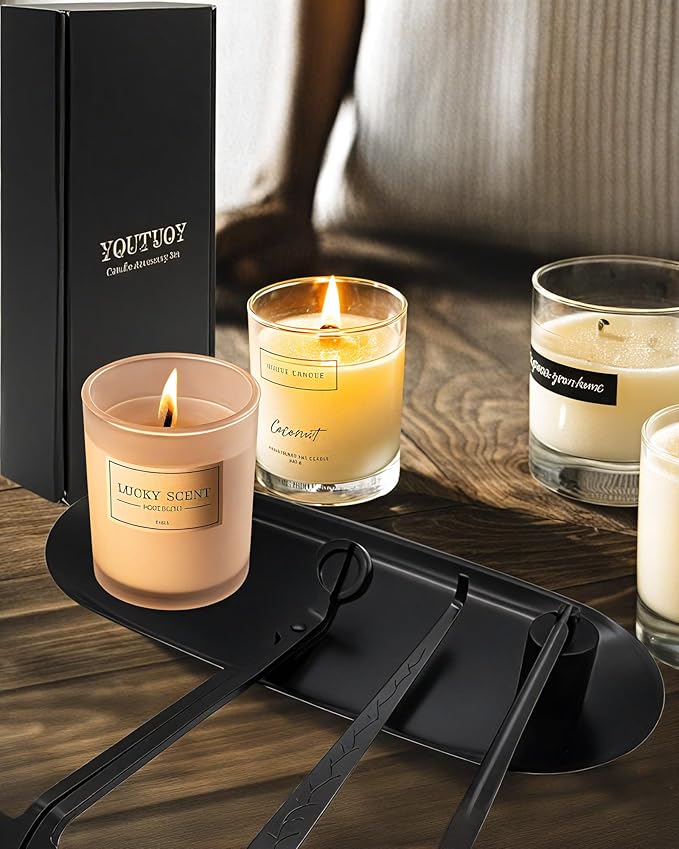 YOUTUOY 4 in1 Candle Accessory Set with Storage Tray Plate, Candle Wick Trimmer, Candle Wick Snuffer, Candle Wick Dipper, Great for Scented Candles Lovers (Matte Black)