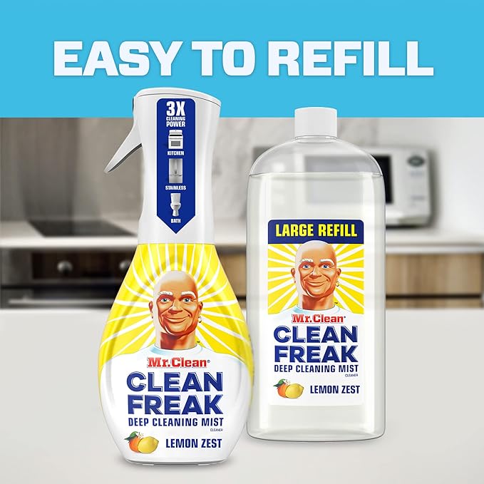 Mr. Clean All Purpose Cleaner, Clean Freak Mist Cleaning Kit for Bathroom & Kitchen Cleaner, Lemon Scent, Includes 1 Spray Bottle (16 oz) and 1 Large Refill (30.9 oz)