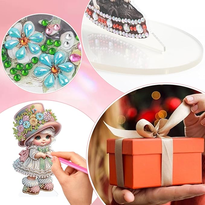 antor 5D Cute Diamond Art Painting Tabletop Ornament Kit, Acrylic DIY Diamond Art Desktop Ornaments Doll Figurine with Floral Hat, Special Shaped Crystal Diamond Painting Table Top Home Office Decor