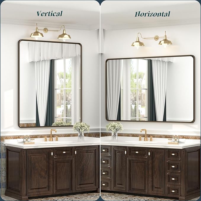 OKPAL 24x32 Bronze Bathroom Mirror, Bronze Frame Rectangle Mirror, Brushed Bronze Vanity Mirror, Round Corner, Wall-Mounted, Anti-Rust, Hangs Horizontally or Vertically