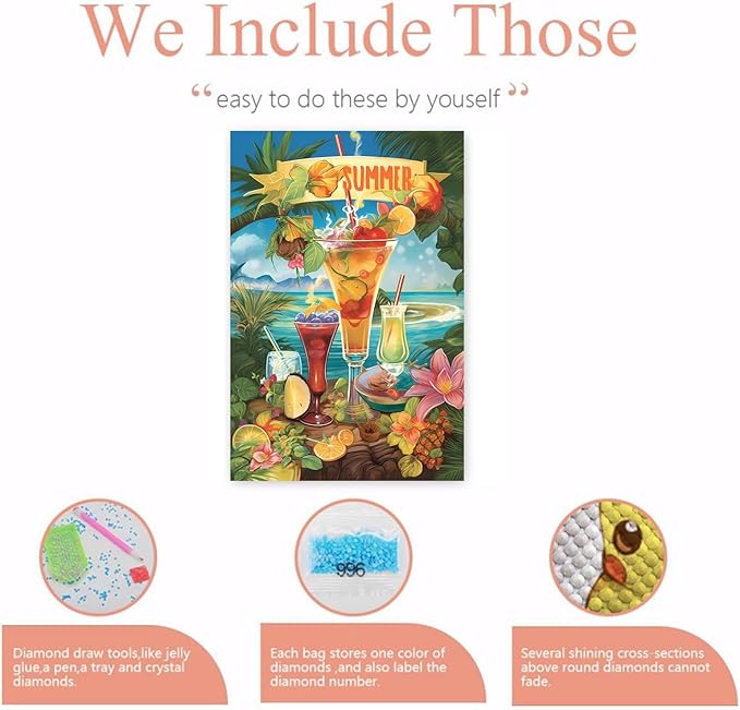 GUAIEUW Diamond Painting Kits for Adult Beginner Round Full Diamond 5D DIY Diamond Art Kit Gift - Season Theme Summer Beach Drinks Diamond Painting Home Wall Decor 20x30 Inch