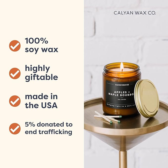 Calyan Wax Co. Rosewood & Amber Scented Candle - 57 Hour Burn - Luxury Non Toxic Soy Wax Candles - Long Lasting Amber Glass Jar Candle for Home - 7.2oz