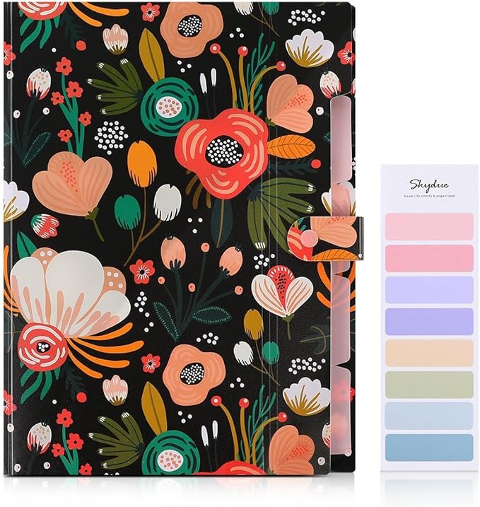 SKYDUE Expanding File Folder with 5 Pockets, Floral Accordion File Organizer for Important Document, Portable Receipt Paper Organizer, School Office Supplies Black