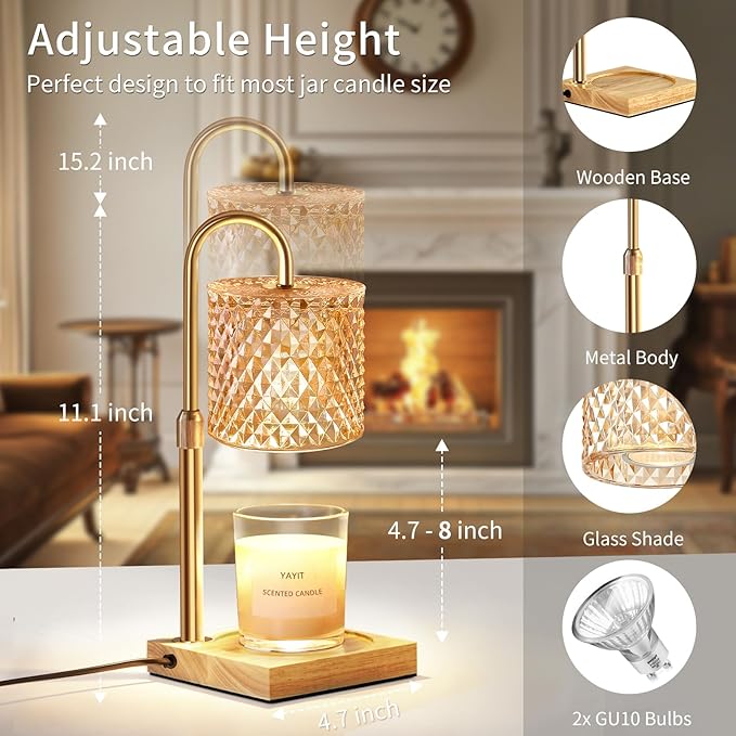 Candle Warmer Lamp with Timer Dimmer Adjustable Height, Candle Warmer with 2 Bulbs for Jar Candles, Home Decor, for Women Birthday