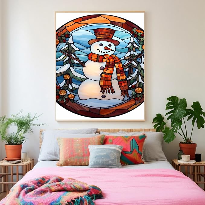 GUAIEUW Winter Stained Glass Snowman Diamond Painting Kits 5D Full Round Diamond Painting Art, Season Theme Canvas HD Picture DIY Diamond Dot Painting, Home Wall Decor Gift 20x30 Inch