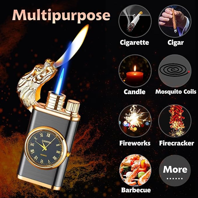 Magic Dragon Dual Flame Windproof Lighter - Adjustable Flame, Refillable Butane Gas for Men, Women, Outdoor Candle - Black