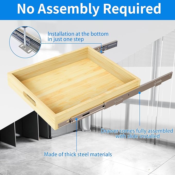 2 Set Pull Out Cabinet Organizer, Soft Close Slide Out Wood Drawer Storage Shelves for Kitchen, Base Cabinet Organization for Pantry, Finished, Heavy-Duty, Bottom Assembly (15” W x 21” D)