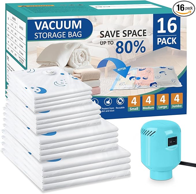 Vacuum Seal Bags for Clothing with Electric Pump,16 Pack Space Saver Bags (4 Jumbo, 4 Large, 4 Medium, 4 Small) Vacuum Storage Bags for Travel,Bedding,Blankets