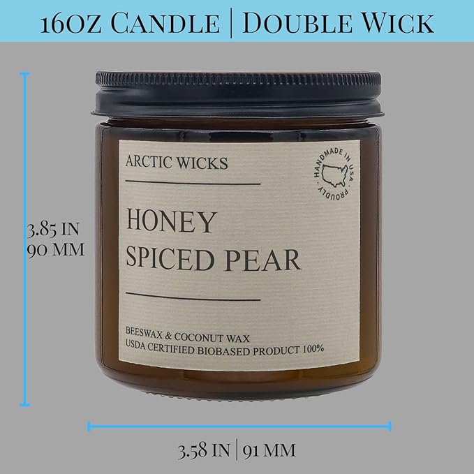 Arctic Wicks Handcrafted Candles | Non Toxic Coconut Beeswax Candles 16oz Double Wick | 100% USDA Certified Biobased, Handmade, Premium Waxes, Non-Toxic (Honey Spiced Pear, 16oz Amber Jar)