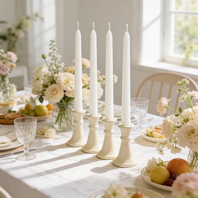 Viyffo Taper Candles, 12 Inch, 4 Pack, White – Unscented, Dripless & Smokeless Design, Up to 8-Hour Burn – Tall Candlesticks for Wedding, Dinner & Home Decor