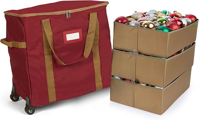 Covermates Keepsakes Rolling Adjustable Ornament Storage Bag – Heavy-Duty Polyester, FlexGrid Trays & Padded Dividers – Protective Holiday Organizer with Wheels, Handles & ID Window, Red