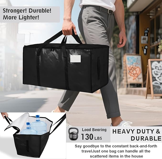 12 Pack-Extra Large Heavy Duty Moving Bags - Waterproof Storage Totes with Handles & Zippers, Foldable for College Dorm, Storage (Black)