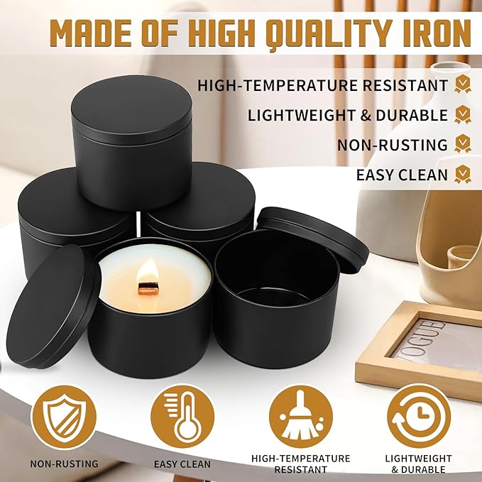 12-Pack Candle Jars, 8oz Candle Tins with Lids, Empty Metal Candle Jars for Making Candles Bulk Candle Containers - Full Black