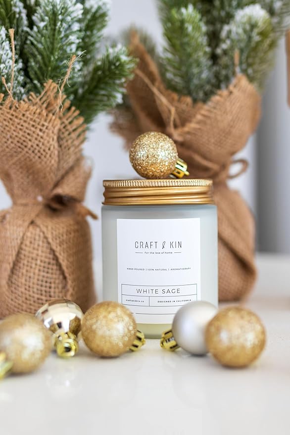 Craft & Kin White Sage Scented Candles for Cleansing | 8 Oz 45 Hour Long Lasting Holiday Candle | Classic Soy Woodwick Winter Candles | Made with Natural Soy | Gifts for Men and Women