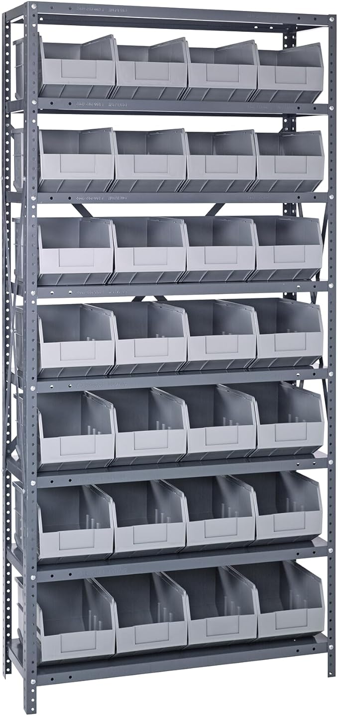 Quantum Storage Systems 1875-463GY Solid Heavy Duty 8 Shelves 28 Stackable Shelf Bins Gray Bins 75" H x 36" W x 18" D