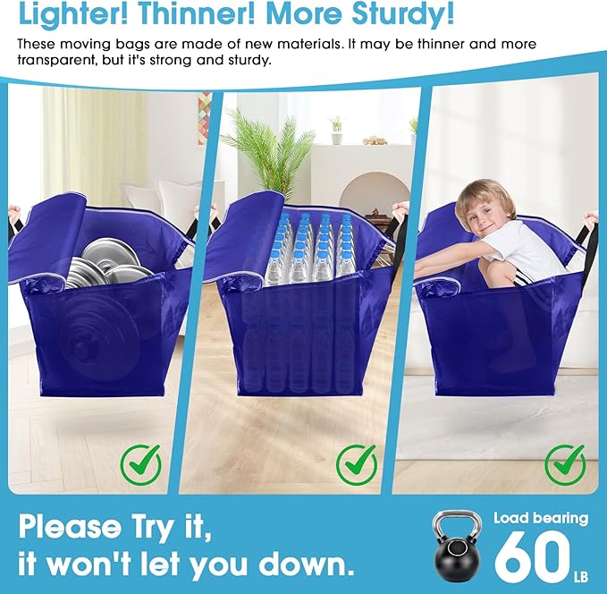 BlissTotes 4 Pack Moving Bags with Clear Window, Storage Bags with Strong Carrying Handles & Zippers,Large Packing Bags for Saving Space, Alternative to Moving Boxes(Blue,20 Gallon)