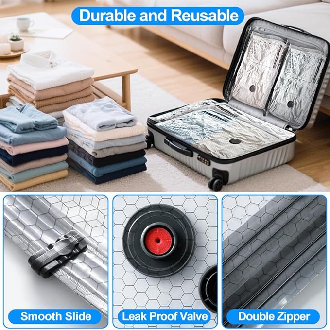 Vacuum Seal Bags 15-Pack with Wireless Pump, 5 Large/5 Medium/5 Sizes, Reusable Storage for Clothes Travel, Luggage & Suitcases, Portable Space Saver