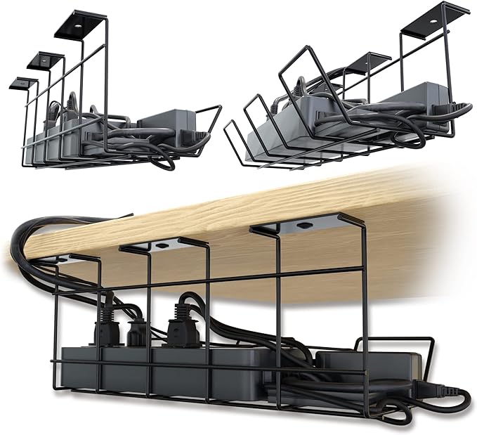 Compact Under Desk Cable Management Tray - Cable Organizer for Wire Management, Desk Wire Organizer, Cable Tray - Black Set of 2x12