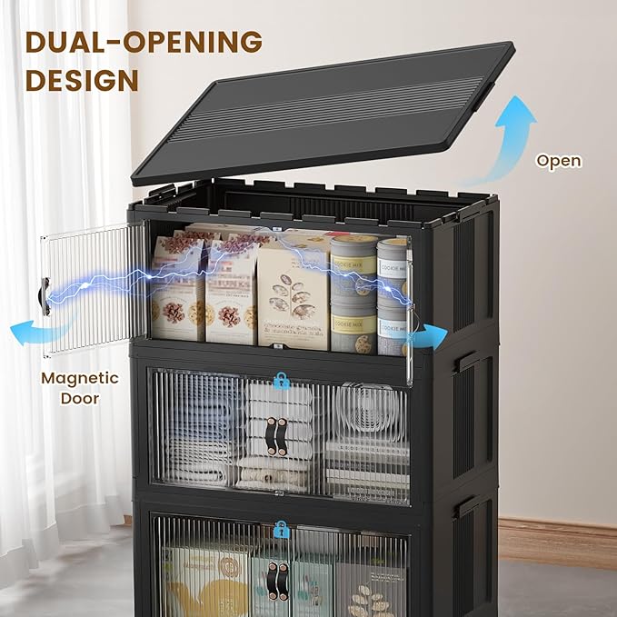SAILUN 635Qt Extra Large Stackable Storage Bins Folding Collapsible Storage Bins with Lid, Closet Organizers and Storage Box with Door Black 28" W x 17" D x 75" H