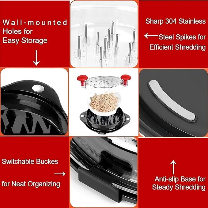 Chicken Shredder Tool Twist Meat Shredder Large for Chicken Breasts Beef Pulled Pork with 304 Stainless Steel Claws for Meal Prep Kitchen Essentials Gadgets Wall Mounted Dishwasher-Safe (Red&Black)