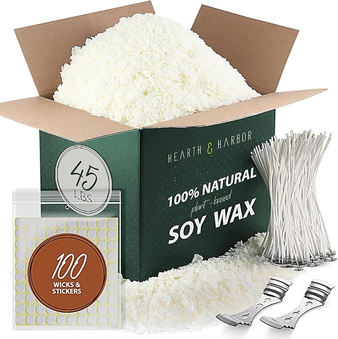 Hearth & Harbor Organic Soy Candle Wax for Candle Making, 45 lbs Natural Candles Making Supplies, Beeswax-Free, Paraffin-Free, Pure Soy Wax Flakes Perfect for Candles, Tealights and Melts