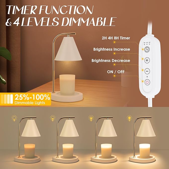 Aimoptg Candle Warmer Lamp with Timer, Dimmable Candle Lamp for Small and Large Jar Candles, Modern Candle Warmer Lamp with 2 Bulbs(White Gold)