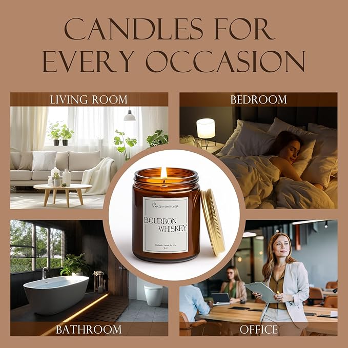 Bourbon Whiskey Scented Candle for Home, Natural Soy Wax Aromatherapy Non Toxic Candle Gifts for Women & Men, Handmade Highly Scented & Long Lasting Jar Candle for Stress Relief (9oz)