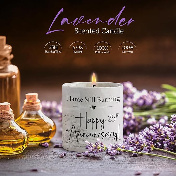 25th Anniversary Candle, 25th Wedding Anniversary Present for Couple, Wife & Husband - 25 Year Aniversario Gifts, 6 Oz Ceramics Lavender Candle