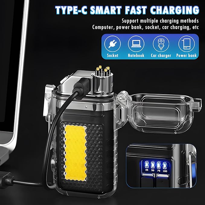 Electric Lighter with 360° Flexible Long Neck Plasma Lighters, LED Battery Display & Flashlight, USB Rechargeable Flameless Arc Windproof Lighters for Candle, Outdoor, Camping, Survival (Blue)