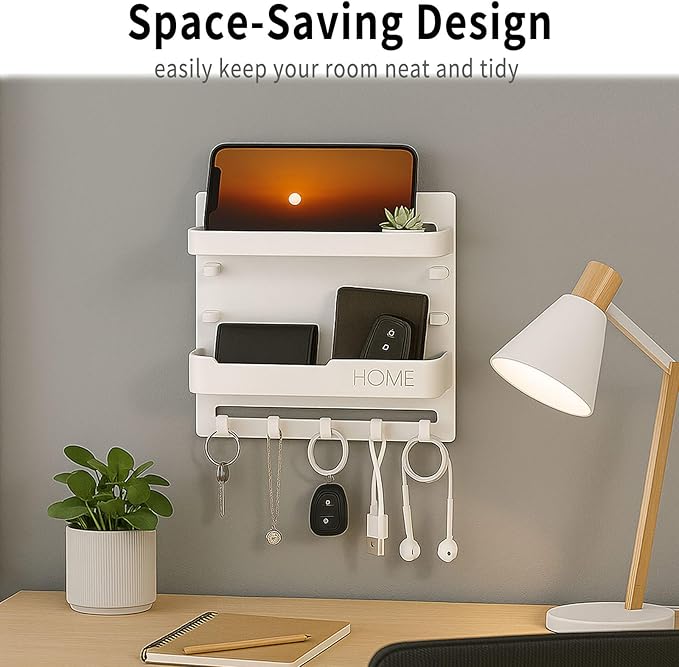 Adhesive Bedside Wall Shelf Organizer with 5 Hooks and Cable Clips, Plastic Wall Storage Holder for Phone, Remote Control, Earphone, Kindle, Keys – Bedroom, Dorm, RV (Black)