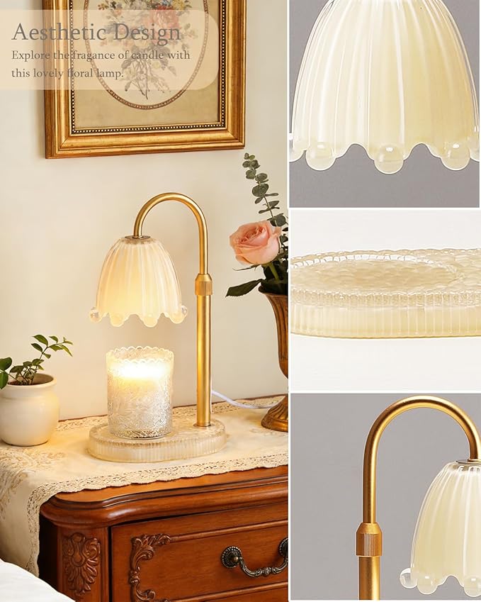 Flower Candle Warmer Lamp with Timer, Vintage Adjustable Glass Warmer Light for Jar Candles, Electric Wax Warming Melter, Gifts for Women Mom, Bedroom Decor (Yellow-Flower)