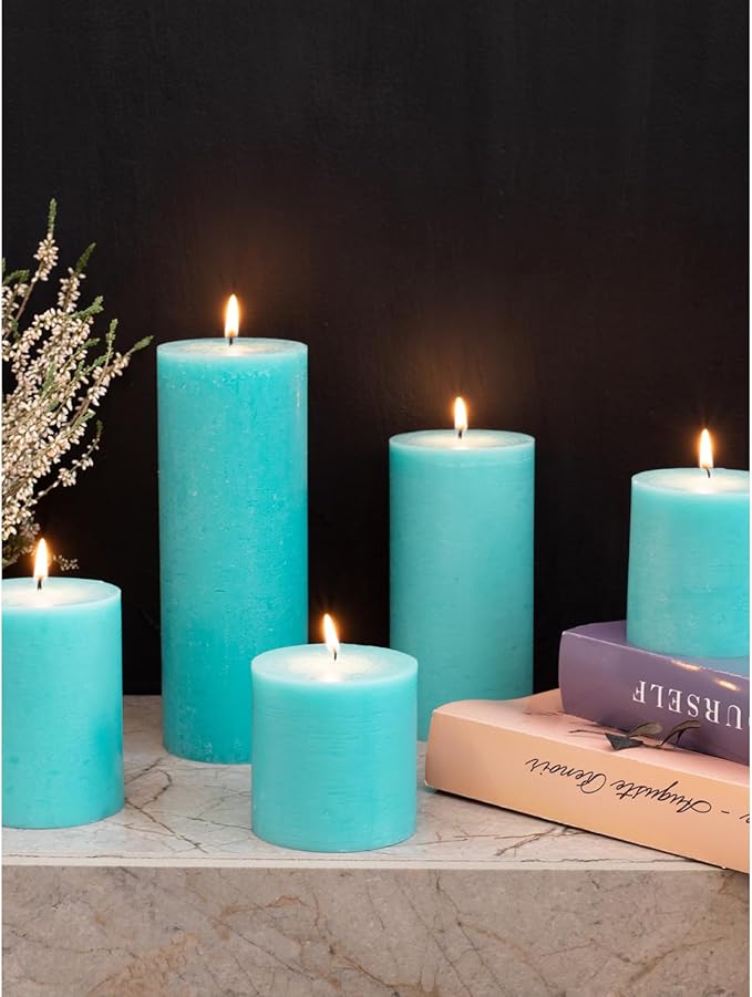 CANDWAX 3x4 inch Pillar Candles Set of 3 – Unscented Dripless Rustic Turquoise Candles for Home Styling, Weddings, Events