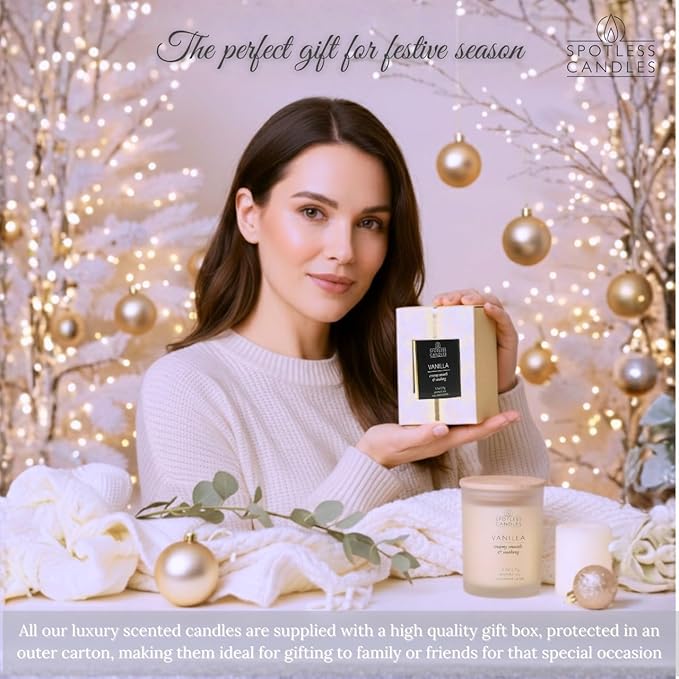 Vanilla Candle 9.7 oz: 55 Hrs Burn Time - Vanilla Scented Candles in Frosted Glass Jar with Wooden Crackling Wick in a Luxurious Gold Foil Lined Gift Box