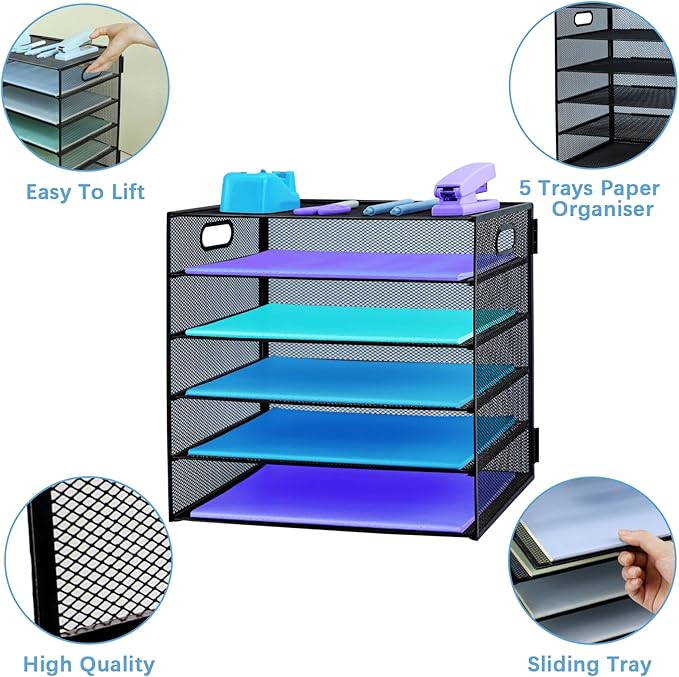 5 Tier Desk Organiser with Handle, Pull-Out Mesh File Organizer for Letter Tray Organizer Mesh Desk Organiser Tray Paper Storage Rack for A4 File Office Supplie, Black